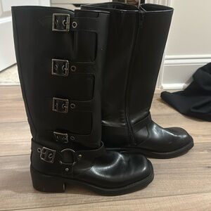 Buckle leather knee high boots
